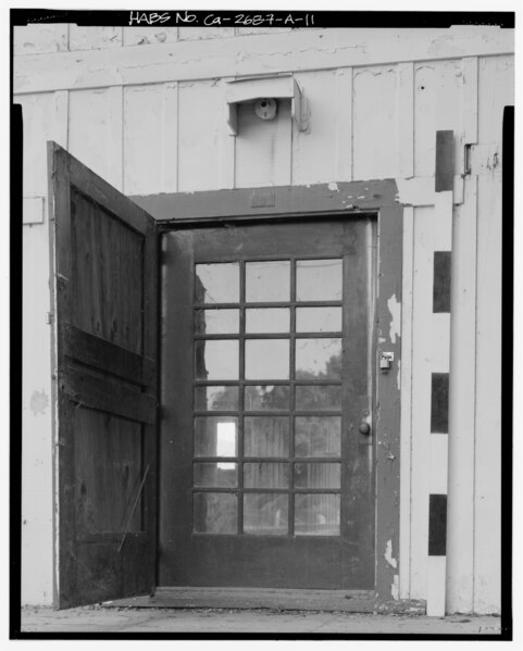 File:North elevation, french style front entry door with 21 individually glazed lites and wooden light cover above door. - Sespe Ranch, Bunkhouse, 2896 Telegraph Road, Fillmore, HABS CAL,56-FILM,1A-11.tif