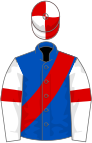 Royal blue, red sash, white sleeves, red armlets, red and white quartered cap