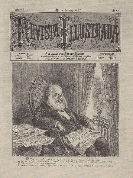 A satire by Angelo Agostini to Revista Illustrada mocking the lack of interest from Emperor Pedro II of Brazil in politics toward the end of his reign.