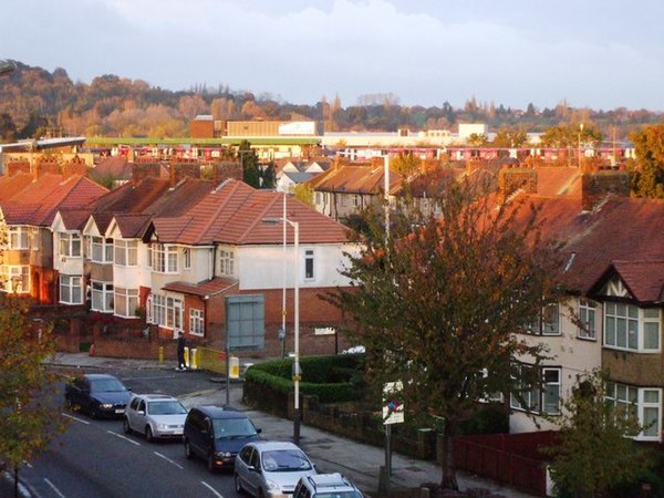 Skyline of Perivale; the steep slope in the background is part of Horsenden Hill
