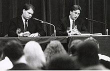 Tierney (right) debating Peter Torkildsen during their 1994 congressional election Peter Torkildsen and John Tierney during the 1994 Election (53316790028).jpg