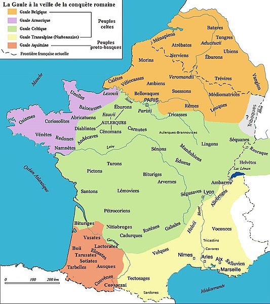 According to Strabo: the Belgian tribes (in orange), including the Armoricani (in purple)