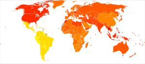 Disability-adjusted life year rates for post-traumatic stress disorder per 100,000 inhabitants in 2004
.mw-parser-output .div-col{margin-top:0.3em;column-width:30em}.mw-parser-output .div-col-small{font-size:90%}.mw-parser-output .div-col-rules{column-rule:1px solid #aaa}.mw-parser-output .div-col dl,.mw-parser-output .div-col ol,.mw-parser-output .div-col ul{margin-top:0}.mw-parser-output .div-col li,.mw-parser-output .div-col dd{page-break-inside:avoid;break-inside:avoid-column}
.mw-parser-output .legend{page-break-inside:avoid;break-inside:avoid-column}.mw-parser-output .legend-color{display:inline-block;min-width:1.25em;height:1.25em;line-height:1.25;margin:1px 0;text-align:center;border:1px solid black;background-color:transparent;color:black}.mw-parser-output .legend-text{}
no data
< 43.5
43.5-45
45-46.5
46.5-48
48-49.5
49.5-51
51-52.5
52.5-54
54-55.5
55.5-57
57-58.5
> 58.5 Post-traumatic stress disorder world map - DALY - WHO2004.svg