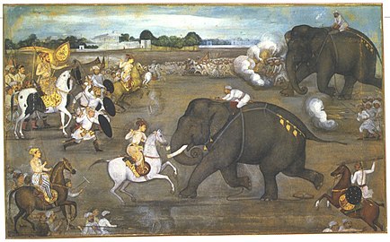 A painting from a Padshahnama manuscript (1633) depicts the scene of Aurangzeb facing the maddened war elephant Sudhakar. Sowar's shield is decorated with a star and crescent.