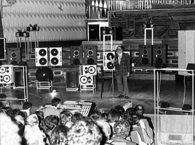 Pierre Schaeffer presenting the Acousmonium (1974) that consisted of 80 loudspeakers for tape playback, at GRM