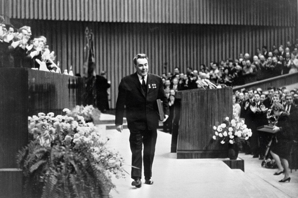 RIAN archive 36535 Secretary general of the CPSU Central Committee Leonid Brezhnev after speaking at the VLKSM Central Committee plenary session