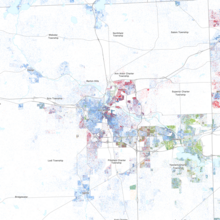 Map of racial distribution in Ann Arbor, 2020 U.S. census. Each dot is one person:
.mw-parser-output .legend{page-break-inside:avoid;break-inside:avoid-column}.mw-parser-output .legend-color{display:inline-block;min-width:1.25em;height:1.25em;line-height:1.25;margin:1px 0;text-align:center;border:1px solid black;background-color:transparent;color:black}.mw-parser-output .legend-text{}
 White
 Black
 Asian
 Hispanic
 Multiracial
 Native American/Other Race and ethnicity 2020 Ann Arbor, MI.png