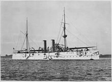 USS Raleigh was the centerpiece of Philadelphia's naval parade on "Dewey Day" Raleigh (Cruiser 8). Starboard bow, ca. 1900 - NARA - 512958.jpg