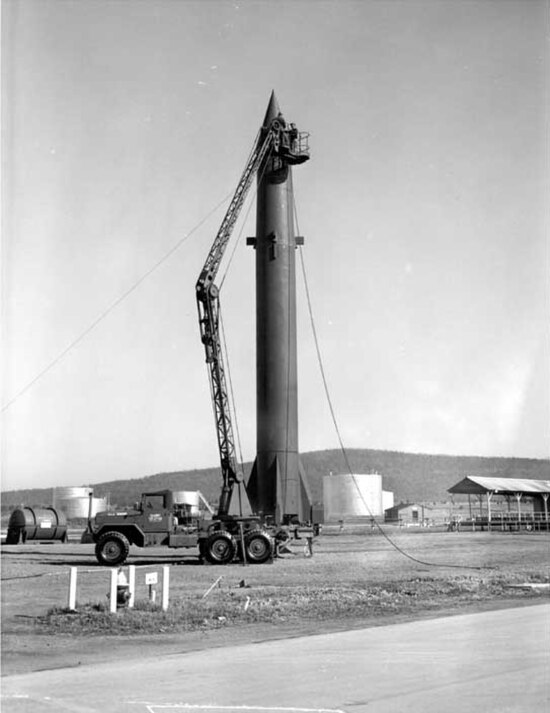 Army troops prepare a Redstone missile. Like the V-2 it was based on, Redstone was relatively mobile.