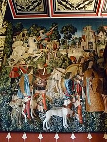 A new tapestry of The Hunt of the Unicorn at Stirling Castle, the recent painted decoration follows an example from Winchester from the time of the wedding of Mary Tudor and Philip II Replica Unicorn tapestry, Stirling Castle.JPG