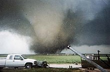 A tornado impacting the town of Roanoke, Illinois. Roanoke tornado.jpg