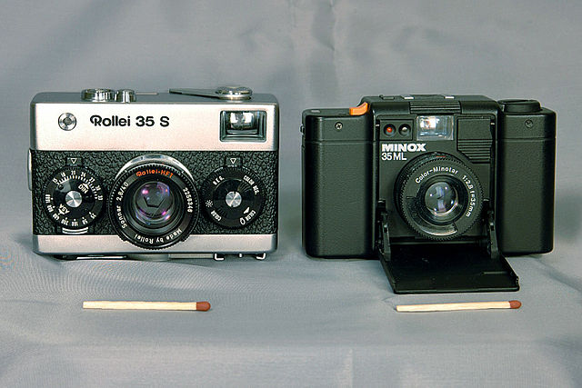 Two film point-and-shoot cameras, Rollei 35 from 1966 and Minox 35ML from 1985