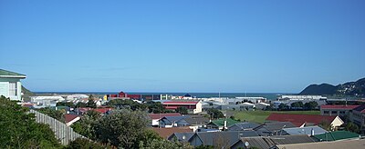 The south end of Rongotai, showing (left to right) part of the airport runway, the retail park, and part of Rongotai College. Rongotai south.jpg