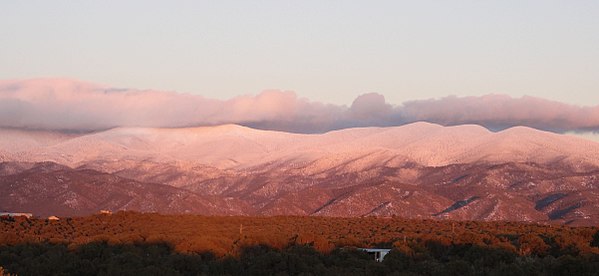 Sangre de Cristo Mountains to the East of Santa Fe, taken during a winter sunset after a snowfall on 29 January 2013
