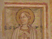 Saint Pudentiana, Fresco of the 15th century, from the church of Santa Pudenziana in Narni, Italy Santa Pudenziana - affresco Narni.jpg