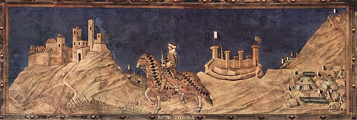 Simone Martinin 1300-luvun fresko, joka esittää ratsastavaa Guidoriccio da Foglianoa