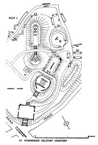 a map showing the areas of raised land as well as the location of each plot and memorial