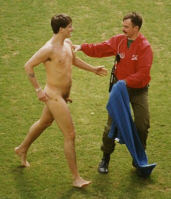 Mark Roberts, a well-known streaker, at the Hong Kong Sevens Rugby tournament in 1994