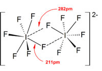 Structure of the
[I2F12] dimer present in
[Me4N][IF6]. Structure of the (I2F12)- dimer.png