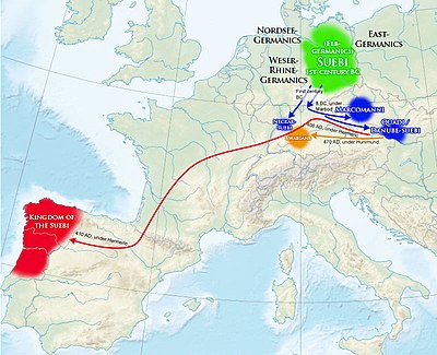 Suebic migrations across Europe ultimately spearheaded by Hermeric, founder and first ruler of the Kingdom of the Suebi in the northwest of the Iberian Peninsula (part of modern-day Portugal and Spain). Suebic migrations.jpg