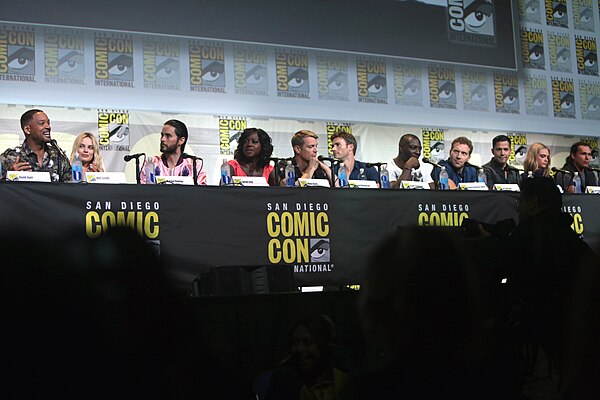 Cast of Suicide Squad at the 2016 San Diego Comic-Con. From left to right: Will Smith, Margot Robbie, Jared Leto, Viola Davis, Joel Kinnaman, Scott Ea