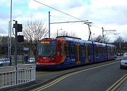 Sheffield Supertram stands at its Malin Bridge terminus. Supertram, Malin Bridge.jpg