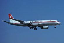 The aircraft involved in 1977 Swissair DC-8-62 HB-IDE ZRH Jun 1977.png
