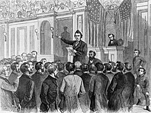 Dessin d'un homme donnant un discours dans un amphithéâtre devant un groupe d'hommes debout.