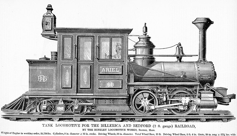 File:Tank Locomotive 'Ariel' for the Billerica and Bedford (2 ft. gauge) Railroad by the Hinkley Locomotive Works, Boston, Mass. (Scientific American, 16 March 1878).jpg