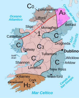 Geological map of Ireland. The red line marks the Omagh Thrust Fault. Tectonic map of Ireland-IT.svg