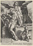 Тело Христа, поддерживаемое ангелом. 1587. Гравюра резцом на меди Хендрика Гольциуса по рисунку Б. Спрангера