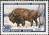 Sello de la Unión Soviética 1957 CPA 1990 (bisonte europeo) (parte superior derecha rota 'З' en 'Bison').jpg