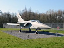 A Tornado F3 aircraft now stands as a gate guardian outside the main gate of RAF Leeming Tornado F3 ZH552 gate guardian RAF Leeming.jpg