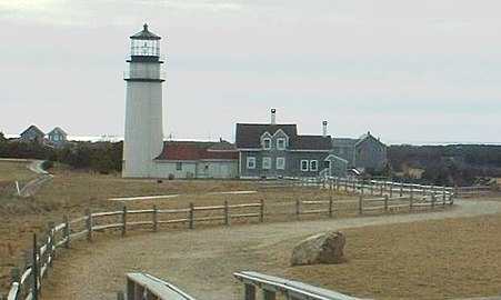 El faro está en el fondo de la foto, y en primer plano hay una gran roca o canto rodado.  A lo lejos, a la derecha, está la torre Pilgrim Monument en Provincetown.