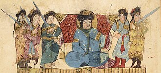 Turkic amir with guards, wearing the Turkic headgear sharbush, three-quarters length robe, and boots, in the preaching scene at Khwarizmian Rayy, Iran. Maqamat of Al-Hariri, 1237. Turkic guard in Preaching scene at Rayy in maqama 21 (fols. 58v-59r, douvle-page spread as a unit), Maqamat al-Harari 1237.jpg