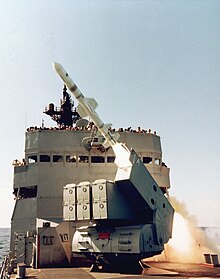 Badger test-firing a Harpoon anti-shipping missile in 1980. USS Badger (FF-1071) Launching Harpoon.jpg
