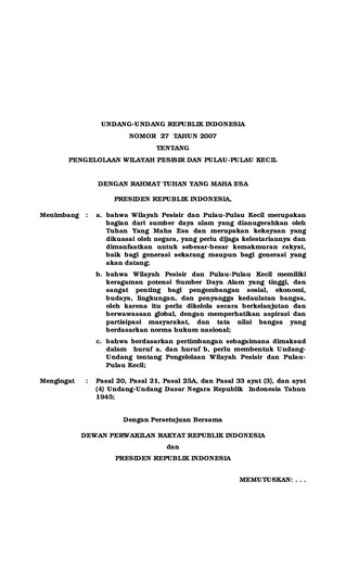 Undang-Undang Nomor 27 Tahun 2007 tentang Pengelolaan Wilayah Pesisir dan Pulau-Pulau Kecil