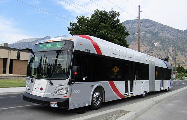 Utah Valley Express bus, showing the left side doors.