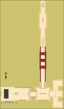 Layout of Unas' substructure.
Materials colour-coded: light orange = fine white limestone; red = red granite; white = white alabaster; grey = greywacke. Unas' Substructure.png