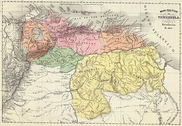 Map of Venezuela in 1810, by Agostino Codazzi; Cumaná Province is in orange at the top right.
