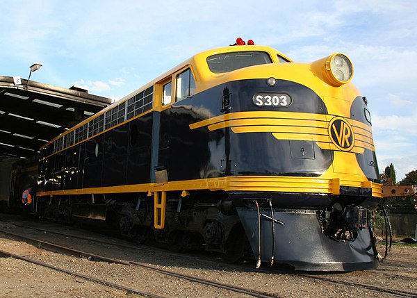 Preserved S303 in Victorian Railways blue and gold livery in Seymour, Victoria