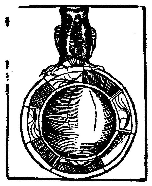 Owl-and-mirror rebus from the depiction of Eulenspiegel's tombstone and epitaph in the 1515 edition (fol. 130).