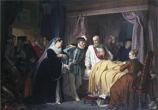 Charles IX et Catherine de Médicis s'enquérant de Coligny, après l'arquebusade dont il est victime le 22 août 1572, 1849, huile sur toile de Georg Wilhelm Volkhart (de), Musée d'Art d'Hämeenlinna en Finlande