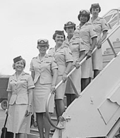 The first five enlisted WAFs in Vietnam arrive along with the fourth WAF officer. From bottom: Lt Col June H. Hilton, A1C Carol J. Hornick, A1C Rita M. Pitcock, SSgt Barbara J. Snavely, A1C Shirley J. Brown, and A1C Eva M. Nordstrom. Tan Son Nhut Air Base, June 1967 WAF-Vietnam.png