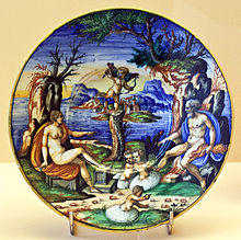 Zeus, Hera, and Amor observe the birth of Helen and Dioscuri (Dutch majolica, 1550). WLANL - Artshooter - Zeus, Hera en Amor observeren de geboorte van Helena en de Dioskuren.jpg