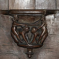 Misericord picturing a fictional joust between two naked women, each straddling a man.