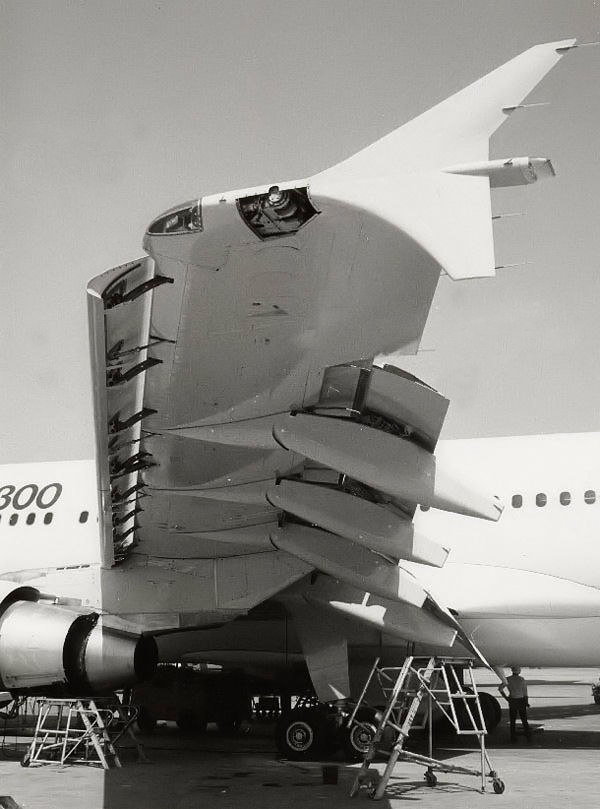 Trailing edge flaps extended on the right on a typical airliner (an Airbus A310-300). Leading edge slats are also extended, on the left.