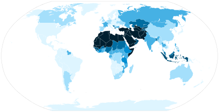 A map of the Muslim population of the world, by percentage of each country, according to the Pew Forum 2009 report on world Muslim populations World Muslim Population (Pew Forum).svg