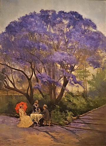 Brisbane scene, 'Under the Jacaranda' (1903), the blossoms of which have been part of the city's cultural heritage for centuries, R.G. Rivers, City Botanic Gardens