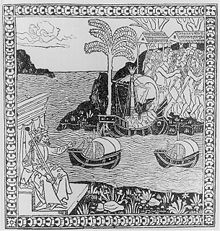 Ferdinand the Catholic points across the Atlantic to the landing of Columbus, with naked natives. Frontispiece of Giuliano Dati's Lettera, 1493. -Ferdinand and the Fleet-.jpg